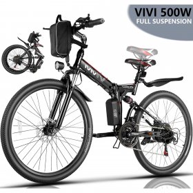 VIVI 26" Folding Electric Bike for Adults, 500W Electric Mountain Bike, Max 50Miles Foldable Ebike with 48V Removable Waterproof Battery, Double Shock Absorption E-Bicycle, Black/White