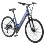 Schwinn 700c Wanderlust Electric Hybrid Bike, 250W, 20MPH, 30+ Miles, Throttle, Light Blue