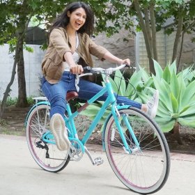 sixthreezero Reach Your Destination Women's 7-Speed Hybrid Bike with Rear Rack, 28 In. Wheels, Teal Blue