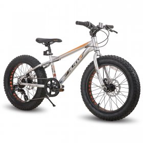 Hiland Kids Fat Tire Bike, Shimano 7-Speed, Dual-Disc Brakes, 20 and 24 Inch Kids Trail Mountain Bike for Boys Girls, Silver