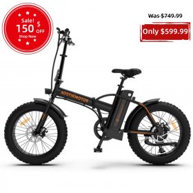 Aostirmotor Folding Electric Bike 20 In. x 4.0 Fat Tire 500 W City with Removable Battery, up to 50 Miles, Shimano 7-Speed Electric Commuter for Adults, Black