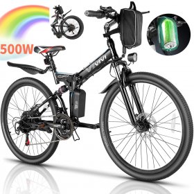 Vivi 500W Electric Bike Folding Electric Mountain Bike, 19Mph 50Miles Adults Electric Bicycle Foldable Ebike 374.4Wh Battery, Full Suspension, 26" Anti-Slip Tires, 21 Speed E-Bike for Adults Women Men