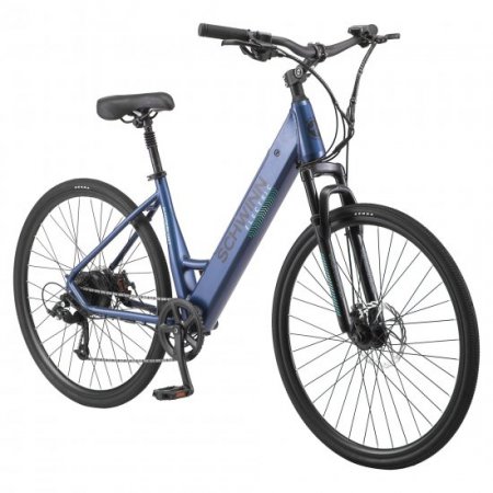 Schwinn 700c Wanderlust Electric Hybrid Bike, 250W, 20MPH, 30+ Miles, Throttle, Light Blue