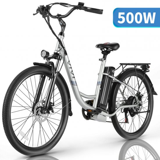 Vivi 500W Electric Bike for Adults, 26\" Electric City Bike Cruiser Ebike, 374.4Wh Removable Battery, up to 50Miles/19Mph, Suspension Fork, 7 Speed Electric Commuter Bicycle with Rear Rack Women E-Bike