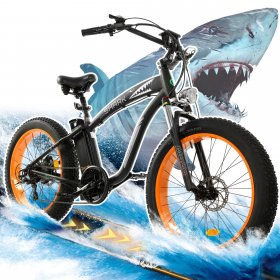 Ecotric 26 In. × 4 In. Fat Tire Motorized Electric Bicycle Mountain Beach Snow Shimano 7 Speeds Black Removable 750 W 48 V 12.5 Ah Lithium battery Pedal Assist Black frame and Orange