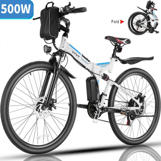 Vivi 26 In. Electric Bike for Adults, 500W Folding Electric Mountain Bicycle Max 50Miles, Full Suspension, 48V Foldable E-Bike with Removable 374.4Wh Lithium-Ion Battery Electric City Bike