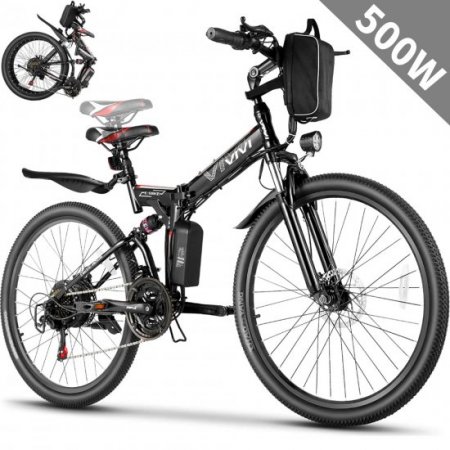 Vivi Adult Electric Bicycles Foldable Ebike, 500W 26" Electric Commuter Bicycle, 48V Battery, Full Suspension, Folding Electric Mountain Bike, Adjustable 21 Speed E-Bikes for Adults with Fenders