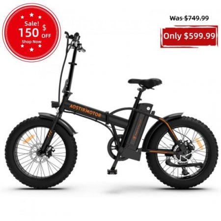 Aostirmotor Folding Electric Bike 20 In. x 4.0 Fat Tire 500 W City with Removable Battery, up to 50 Miles, Shimano 7-Speed Electric Commuter for Adults, Black