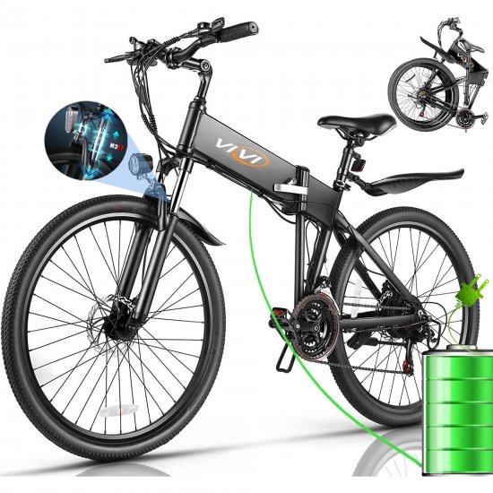 Vivi 26\" 350W Electric Mountain Bike Foldable E-Bike, Max 40Miles Folding Electric Bike with Built-in 36V 10.4Ah Battery, 21 Speed Gears for Men Adults, Aluminum Alloy Frame Cycling Electric Bicycle