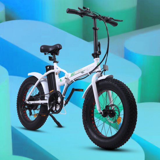 Ecotric Electric 20\" x 4.0 Fat Tire Folding Bicycle 20MPH 810 LED Display Removable Lithium-Ion Battery Beach Mountain Snow Electric Bike Moped White and Blue Rim