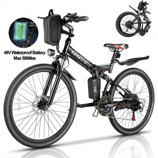 VIVI 500W Folding Electric Bike Electric Mountain Bicycle 26\" Lightweight Ebike, 50Miles/19Mph Electric Bike for Adults with Removable 48V Lithium Battery, Full Suspension, Professional 21 Speeds