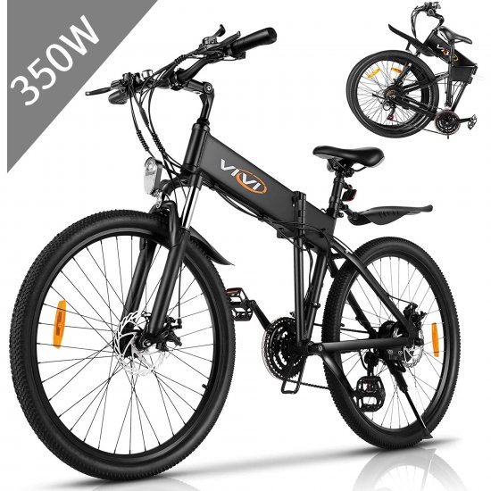 Vivi 350W 26\" Folding Electric Bike for Adults, 40Miles/19MPH Electric Mountain Bicycle with Waterproof 10.4Ah Battery, Suspension Fork, 21 Speed Gears Foldable Ebikes for Commute to Work/Exercise