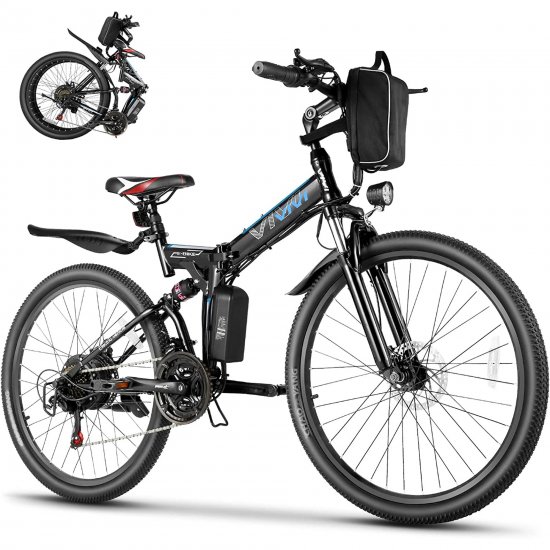 Vivi 500W Adult Electric Bike Folding Ebike, 26\" Foldable Electric Mountain Bike with 48V Battery, Up to 50Miles/19Mph, Full Suspension, 21 Speed Folding Electric Bicycle for Adults Women Men