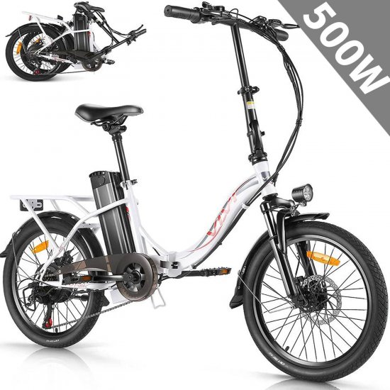 VIVI 500W Folding Electric Bike, 20\" Electric Bicycle for Adults, City Cruiser EBike with 374.4Wh Removable Battery Max 19Mph,50 Miles Range Electric Hybrid Bike 7 Speed for Adults Women-White