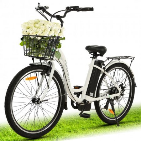 26 Inch 36V 10AH 350W City Bike Electric Bicycle e-bike White with Basket 7 Speed Step Through Commuter for Women Girls