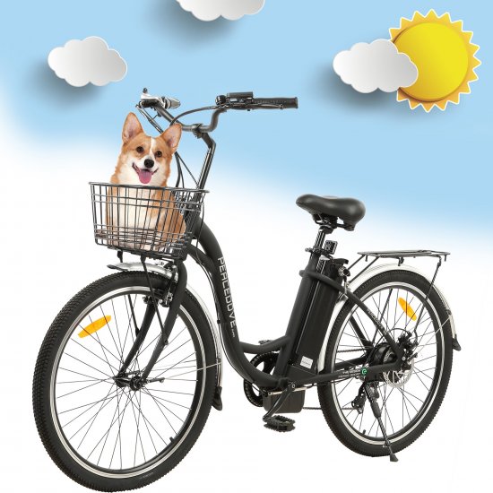 ECOTRIC Electric City 350W Motor Cruiser Bicycle 26\" 20MPH Cityscape with Basket Removable Lithium Battery Step Through E-bike Commute Ebike for Adult Female Male Pedal Assist