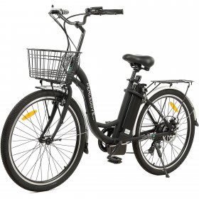 Ecotric Peacedove 26 In. 36V 10Ah 350W Step Through City Electric Bicycle with Basket 7 Speed for Adults Men and Women Pedal Assist Black