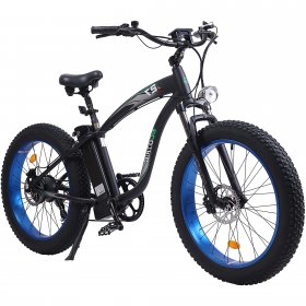 "26" 4“ Fat Tire Electric Bike e-bike Mountain Beach Snow Bicycle w/ Shimano 7 Speeds Black Removable Lithium Battery 750W 48V 12.5Ah Lithium battery Pedal Assist Black frame and Blue rims"
