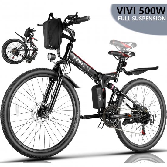 VIVI 26\" Folding Electric Bike for Adults, 500W Electric Mountain Bike, Max 50Miles Foldable Ebike with 48V Removable Waterproof Battery, Double Shock Absorption E-Bicycle, Black/White