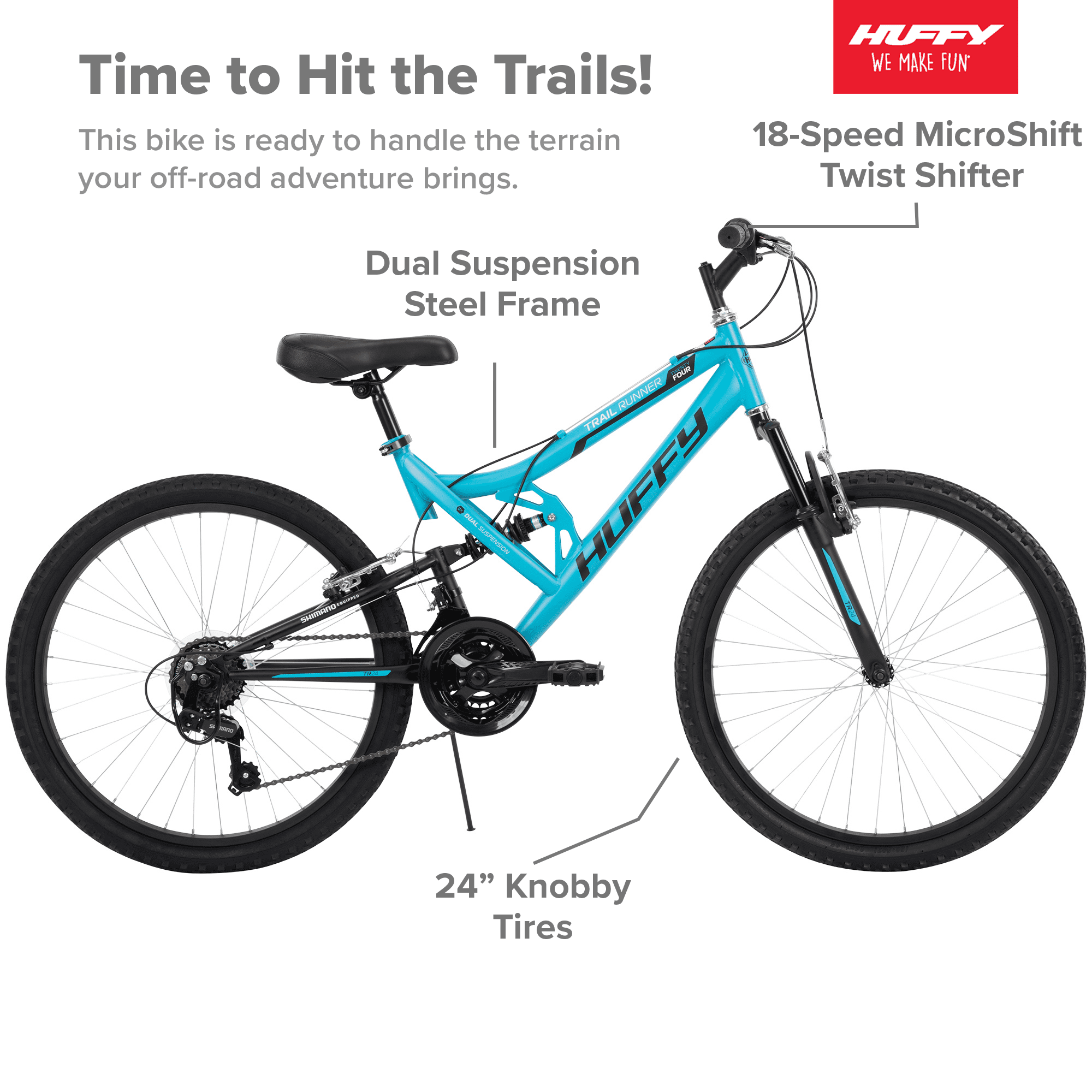 Huffy 24" Trail Runner Girls Full Suspension Mountain Bikes, Teal Blue